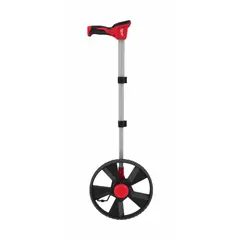 This MILWAUKEE digital measuring wheel features a fixed aluminum handle with pistol grip and a spoked single wheel with rubber tread. The button-type digital display shows SAE measurements in inches up to 99,999 ft. Suitable for indoor and outdoor distance measuring tasks such as landscaping and construction layout. Includes AAA batteries.