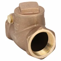 This swing check valve features a lead-free bronze inline body for backflow prevention in plumbing and water systems. It allows flow in one direction only, protecting pumps and equipment from reverse flow damage. Suitable for horizontal or vertical pipe installation.