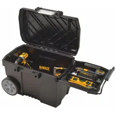 This plastic rolling tool box features a hinged lid for secure access and a black finish. With dimensions of 24 9/16 inches wide, 16 inches deep, and 16 3/8 inches high, it is designed for transporting and storing tools and equipment across job sites, workshops, and industrial facilities.