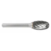 This carbide bur features an oval head with SE-5 Inox Cut geometry, designed for deburring, shaping, and finishing on stainless steel and hard metals. The fine cut reduces heat buildup and extends tool life. Head size is 1/2" x 7/8" with a 1/4" shank