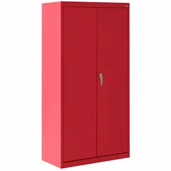 Stationary, assembled commercial shelf cabinet made of powder-coated steel in red. Features a welded frame base, 3 fixed shelves, and a swing handle with keyed lock. Panel thickness is 24 ga. Suitable for storage of tools, parts, or supplies in warehouses, workshops, and industrial facilities.