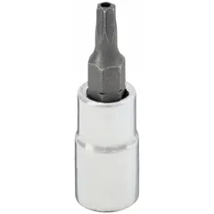 This WESTWARD Security Torx bit socket features a T20 tip size and 1-1/2 in overall length. It is designed for use with tamper-resistant Torx fasteners that have a center pin, commonly found in electronics, automotive, and industrial equipment. The fixed insert design provides secure engagement for driving or removing security Torx fasteners.