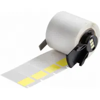 Yellow matte vinyl wraparound label for permanent wire and cable identification. Measures 1-1/2 in x 3/4 in and accommodates 10 AWG to 4 AWG wire gauge. Compatible with M610 printer series; requires M61-R4310 ribbon. Used in electrical panels, data centers, and manufacturing for marking conductors