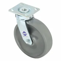 This swivel plate caster features a nylon wheel for smooth, quiet rolling on hard floors. With an 8-inch diameter and 2-inch width, it offers a 9 1/2-inch mounting height. Designed for general-purpose material handling, it is suitable for industrial carts, workstations, and light-duty mobile equipment.