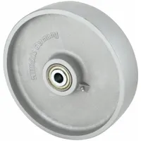 Iron tread wheel with 9 13/16 in diameter and 2 3/8 in width, rated for 3,085 lb. Silver finish. Suitable for heavy-duty material handling carts, platform trucks, and tow-line systems in industrial environments. Spanner bushing not included