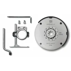 Starlock Plus mounted blade with a long straight cut geometry, designed for cutting wood, plastic, and drywall. Features a high-speed steel cutting edge and a brass component. Overall length: 4 in. Suitable for flush cutting and plunge cutting applications.