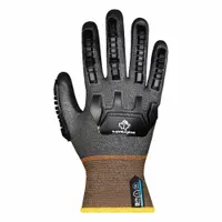 These medium-duty cut-resistant gloves feature a foam nitrile coating and impact protection, rated ANSI Cut Level A5 and ANSI Impact Level 1. The black knit gloves are fingertip-dipped, touchscreen compatible, and suitable for left and right hands. Commonly used in industrial tasks such as metal stamping, glass handling, and assembly