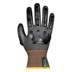 These medium-duty cut-resistant gloves feature a foam nitrile coating and impact protection, rated ANSI Cut Level A5 and ANSI Impact Level 1. The black knit gloves are fingertip-dipped, touchscreen compatible, and suitable for left and right hands. Commonly used in industrial tasks such as metal stamping, glass handling, and assembly.
