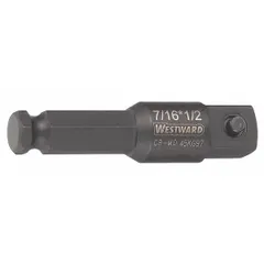 This impact socket adapter converts a 7/16" male hex drive input to a 1/2" square output drive. The manganese phosphate finish provides corrosion resistance. Suitable for use with impact tools in automotive, industrial, and maintenance applications.