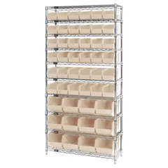 This wire stationary bin shelving unit features a chrome carbon steel frame and includes 48 white closed-front bins, each measuring 5 x 5-1/2 x 10-7/8 inches. The one-sided open design provides visibility and access to stored items. Suitable for organizing small parts in warehouses, workshops, and industrial facilities.