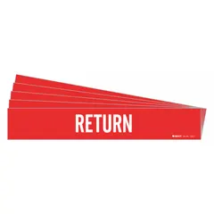 Red adhesive pipe marker with white legend text reading 'Return'. Designed for pipe outer diameters from 2-1/2 to 7-7/8 inches. Pack of 5 markers without arrows. Used to identify return piping systems in industrial facilities.