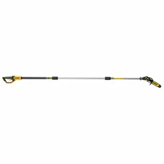The DEWALT DCPS620B is a battery-powered pole saw with an 8-inch blade and telescoping pole that extends from 7 ft to 15 ft. It operates on a 20 V battery system and is sold as a tool only, without battery or charger. This pole saw is used for trimming tree branches and pruning overhead foliage in residential and light commercial landscaping.