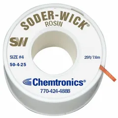 This rosin flux desoldering braid is designed for efficient solder removal during electronics rework and repair. The #4 size braid measures 0.11 inches wide and 25 feet long, with a blue color. The rosin flux coating aids solder flow and wicking, enabling clean removal from circuit boards.
