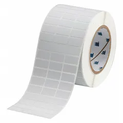 Wraparound label made of polyvinyl fluoride with black print on white background. Designed for permanent identification of wires from 28 AWG to 20 AWG. Compatible with i7100 printer series and requires R4307 ribbon. Used for cable marking in control panels, machinery, and electrical installations.