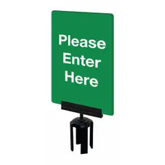 Green acrylic sign for Tensabarrier posts, displaying 'Please Enter Here' message. Includes mounting adapter. Overall dimensions: 11 in length, 7 in width. Used to direct pedestrian traffic in queue management or access control areas.