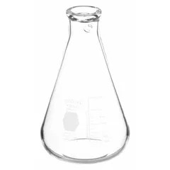 Conical filtering flask made from colorless borosilicate glass conforming to USP Type I specifications. Designed for vacuum-assisted filtration, it separates solids from liquids in general laboratory procedures. Compatible with stopper size 8.