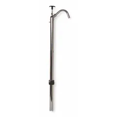 Piston-action down-stroke drum pump with steel housing and spout. Delivers 20 oz per stroke. Suitable for transferring non-corrosive fluids from drums or barrels in industrial and automotive settings.