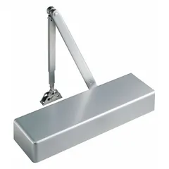 This Grade 1 heavy duty door closer is designed for interior or exterior use on commercial doors. It features a non-hold open function and an adjustable spring size 6, with a parallel arm configuration suitable for standard or top frame mounting. The closer provides controlled closing for high-traffic applications.