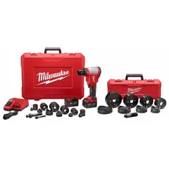 Cordless knockout punch system powered by 18V DC battery platform. Punches holes up to 6 in diameter in steel up to 12 ga thick. Includes two 3.0 Ah batteries, charger, and one 3 in die. Used for cutting clean holes in electrical panels, junction boxes, and conduit routing.
