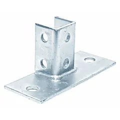 Steel post base designed for single strut channels, measuring 1-5/8 in x 1-5/8 in with six mounting holes. Electroplated finish provides corrosion resistance. Used in structural support applications for mounting conduits, piping, or equipment to strut channel systems.