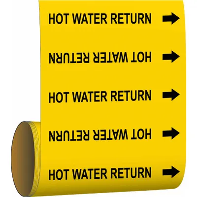 BRADY Pipe Marker: Hot Water Return, Yellow, Black, Fits 2 in and Smaller Pipe O.D. - Hot Water Return Adhesive Pipe Markers on a Roll