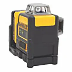 The DEWALT DW0811LG is a green beam cross-line laser level that projects two lines for horizontal and vertical alignment. It features electronic self-leveling with an accuracy of ±1/8 in @ 30 ft and a working range of 100 to 200 ft without a detector. Powered by a Li-Ion battery, it includes a mounting bracket. Typical applications include layout tasks in construction, framing, and interior finishing such as installing cabinets, shelving, and drop ceilings.