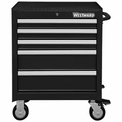 This heavy-duty rolling tool cabinet provides mobile storage for tools and equipment in industrial workshops and garages. It measures 26 11/16 inches wide by 18 inches deep by 33 5/16 inches high, with a black exterior and black drawers.