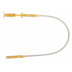 This illuminated mechanical-claw pickup tool features four jaws with a 1/2 in jaw capacity, combining a fixed shaft type with a flexible shaft for reaching into confined spaces. It is used for retrieving dropped metal objects in areas such as machinery, engines, or ducts during maintenance and repair tasks.