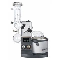 Motorized lift rotary evaporator with 5 L capacity, speed range 10-280 RPM, and 1300 W heating capacity. Includes G5 condenser, standby function, and residual heat warning above 50°C. Suitable for solvent removal and concentration in laboratory applications.