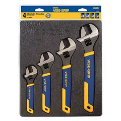 This set includes adjustable wrenches in sizes from 6 in to 12 in, constructed from alloy steel with a chrome finish. The cushion grip handles provide comfort during use. Suitable for tightening or loosening nuts, bolts, and fittings in general maintenance, plumbing, and mechanical work.