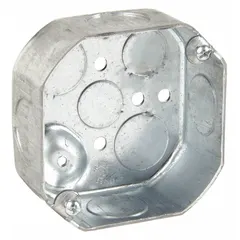 Steel octagonal ceiling electrical box for mounting light fixtures or junction connections. Single-gang configuration with 1-1/2 in depth. No clamps or bracket included.