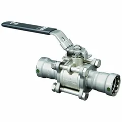 This manual two-way ball valve features a 1-inch stainless steel straight valve body with press x press connections. The locking lever handle enables secure on/off flow control. Suitable for industrial fluid handling systems requiring positive shut-off.