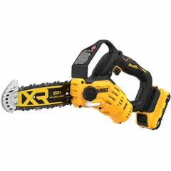 This DEWALT battery-powered chainsaw features an 8-inch bar, rear handle design, and automatic chain oiler. It operates on a 20 V battery platform. Suitable for tree pruning, limbing, and light-to-medium cutting tasks in residential landscaping and property maintenance.
