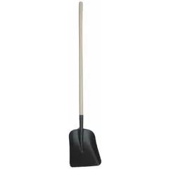 This standard scoop shovel features a steel blade with a natural finish. The 13-1/2 inch blade length and 11-1/2 inch blade width are suited for moving loose materials such as gravel, sand, or grain. Commonly used in construction, landscaping, and agricultural settings for general material handling tasks.