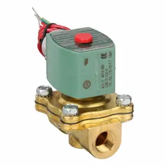 This REDHAT solenoid valve is a 2-way, 2-position normally closed valve with a 3/8 in pipe size. It operates on 120V AC (120/60, 110/50) and features a watertight coil enclosure. Suitable for on/off control of liquids or gases in industrial piping systems, including washdown and irrigation applications.