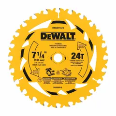 This 10-pack of circular saw blades is designed for cutting wood. Each blade has a 7-1/4 inch diameter, 24 teeth, a 0.08 inch kerf, and a 5/8 inch arbor. Suitable for general woodworking and framing applications.