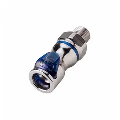 Chrome-plated brass quick-disconnect coupling with Cool Blue finish. Features a 1/4 in pipe size and Quick-Disconnect Coupler x NPT connection type. Suitable for fluid transfer in pneumatic, hydraulic, and instrumentation systems requiring leak-free connections.