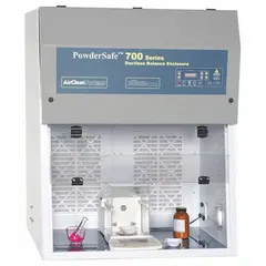 Fully assembled enclosure for containing powders, bulk materials, and equipment during precision weighing and handling. Includes blower, base/stand, and work surface. Overall dimensions: 48 in wide, 54 in high, 30 in deep.