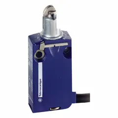 Top-mount limit switch with steel roller plunger actuator and non-metallic body. Features a removable cable connector for simplified wiring. Used for position sensing and control in industrial automation, detecting moving machine parts on conveyors, packaging lines, and material-handling equipment.