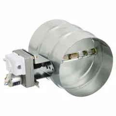 This round motorized balancing damper is designed for horizontal mounting in duct systems to regulate airflow. It features a steel construction, measures 6 3/8 inches in length, and includes a 9V DC actuator. The damper operates at a nameplate voltage of 9V DC and handles a maximum air velocity of 2000 fpm.