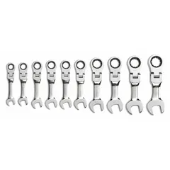This set includes 10 metric 12-point ratcheting combination wrenches made from alloy steel with a full polish chrome finish. The ratcheting box end allows for faster fastening without repositioning the wrench. Suitable for general fastening and loosening of metric fasteners in mechanical and assembly tasks.