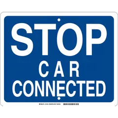 High Intensity Prismatic (HIP) retroreflective sign with blue background, 0.09 in thickness, and nominal size 12 in x 15 in. Designed for mounting via pre-drilled holes. Used in rail-yard environments to indicate where rail cars must stop.