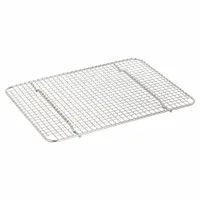 This wire grate is fabricated from 22 gauge stainless steel. It measures 11 3/4 inches in overall width. Commonly used in commercial kitchens and foodservice operations for draining, cooling, or holding prepared foods, it fits standard sheet pans and prep tables