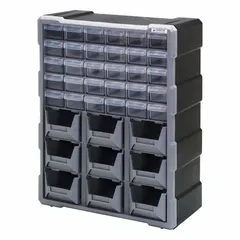 This stackable plastic cabinet features 30 clear polypropylene drawers, each measuring 5-1/2 in x 2 in x 1-1/4 in, for organizing small parts such as fasteners and components. The black cabinet has overall dimensions of 15 in x 6-1/4 in x 18-3/4 in and is suitable for workshop, assembly, and maintenance environments.
