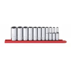 This 11-piece socket set includes 6-point deep SAE sockets ranging from 1/4 in to 7/8 in with a 3/8 in drive. The friction ball retention design secures sockets on the drive tool. Suitable for tightening or loosening fasteners in automotive, industrial, and mechanical applications requiring extended reach.