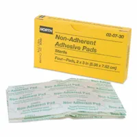 Sterile, latex-free gauze pad made of white plastic. Measures 2 inches wide by 3 inches long. Not water resistant and does not include a fastener. Packaged as a unitized 4-pack. Complies with ANSI Z308.1-2009. Used for wound dressing in first aid applications