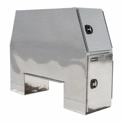 This four-door backpack truck box is constructed of silver aluminum with an offset base. It measures 70 inches in overall depth and 24 inches in overall height. Suitable for organized storage of tools and equipment in service trucks, work vans, and fleet vehicles.