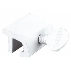 This clamp lock is designed for sliding windows, mounting on the sash to secure the window in a closed position. It is non-handed, allowing installation on either left or right sliding windows. The lock features a painted white finish and includes a handle for easy operation. Overall length is 15/32 in.