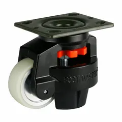 Medium duty leveling plate caster with a 75 mm diameter polyurethane tread wheel and 120 mm mounting height. Black frame finish. Suitable for carts, racks, and light machinery in industrial environments requiring smooth rolling and floor protection.