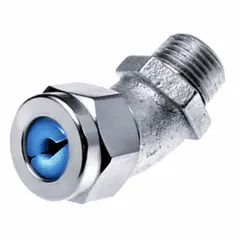 Steel cable grip with 45-degree connection orientation for liquid-tight cord entry. Accepts cords 0.38 to 0.50 inches in diameter via 1/2 inch MNPT box connection. Silver body with blue color-coded grommet. Rated IP66 and Class II, Division 1 & 2 for hazardous locations.